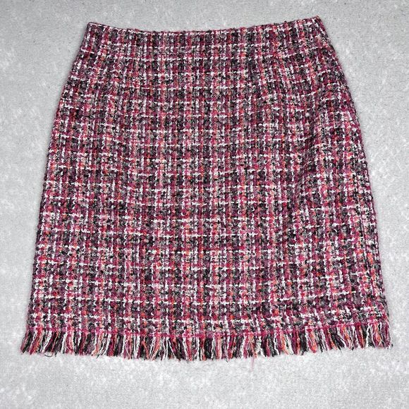Talbots Skirt Size 6P Petites Pink Plaid Tweed Fray Fringe Hem Wool Blend Pencil - Picture 7 of 12
